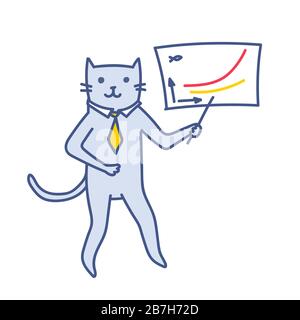 Vektorgrafiken für Geschäftspräsentationen. CAT Businessman zeigt Erfolg auf jährlichem Fischverkaufsdiagramm. Happy Business CAT zeigt Geschäftsbericht des Unternehmens Stock Vektor
