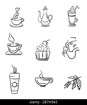 Satz von Vektorkaffeesymbolen, isoliert auf weißem Hintergrund. Handzeichnen von Kaffee-Illustrationselementen für Ihre Bürgheit. Food and Drink Konzept. Lager i Stock Vektor