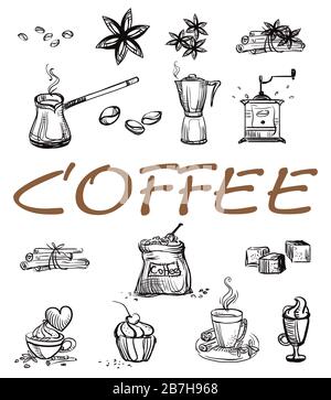 Handzeichnung mit einem kochartigen Kaffeethema. Satz von Vektorkaffeesymbolen, isoliert auf weißem Hintergrund. Kaffee-Illustration-Elemente für Ihre Bläserigkeit. Foo Stock Vektor