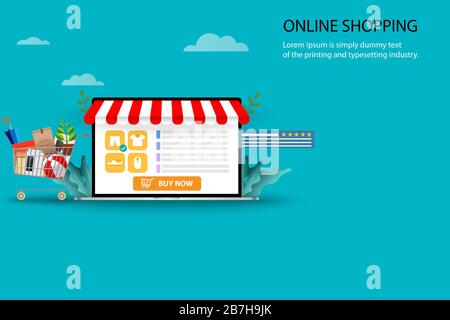 Konzept des Online-Einkaufs, Supermarktkorb mit Waren und Laptop, die auf dem Display eine Liste der Produkte, eine Beschreibung, eine Kundenbewertung anzeigen. Stock Vektor