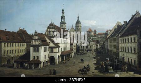 Gemälde „Marktplatz in Pirna“ des italienischen Landschaftsmalers Bernardo Bellotto, auch bekannt als Canaletto (1753-1754). Das Rathaus ist in der Mitte des Marktplatzes abgebildet. Im Vordergrund, angrenzend an das Rathaus, befindet sich das Gewichtshaus. Auf der rechten Seite befinden sich die Wahlbezirksämter und auch Wasserrinnen, die durch Holzrohre mit Quellwasser versorgt werden. Hinter dem Marktplatz erhebt sich der Turm der Marienkirche, während auf dem Hochplateau das Schloss Sonnenstein zu sehen ist. Stockfoto