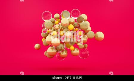 Abstrakt bunt geometrisch auf rosa Hintergrund, bunte Kugeln, Ballons, Holz, Glas, Gold, minimalistisches Design, Partydekoration, Plastikspielzeug, ist Stockfoto