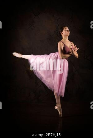 Eine schlanke Frau in einem rosa Rock und beige Top tanzen Ballett. Studio-Aufnahmen vor dunklem Hintergrund, isolierte Bilder. Stockfoto