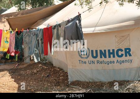 Atmeh Refugee Camp, Idlib, Syrien. Juni 2013. UNHCR-Zelt für eine syrische Flüchtlingsfamilie Atmeh Flüchtlingslager, Provinz Idlib Syrien Stockfoto