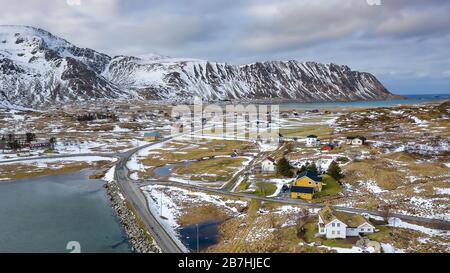 Die beste Landschaft im Winter von Lofoten, Norwegen.Luftfotohraphy. Stockfoto