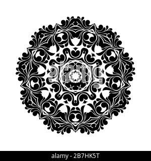 Rundes schwarzes Mandala auf weiß isoliertem Hintergrund. Dekoratives Schmuck im orientalisch-ethnischen Stil. Perfekt für jedes Design, Geburtstag, Urlaub, Kaleidoscop Stockfoto