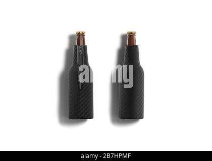 Blank schwarz zusammenklappbare Bierflasche koozie mockup, vorne und hinten Stockfoto