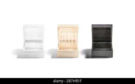 Blank schwarz, weiß, Holz geöffnet Geschenkbox Mock up, isoliert Stockfoto
