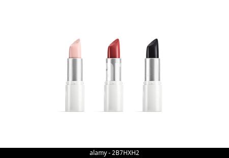 Blank beige, rot, schwarz geöffneter Lippenstift in weißem Röhrenmockup Stockfoto