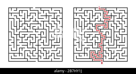 Vector Square Labyrinth mit der im Lieferumfang enthaltenen Lösung in Schwarz und Rot. Lustige Lernspiele für Koordination, Problemlösung, Entscheidungsfindung Stock Vektor