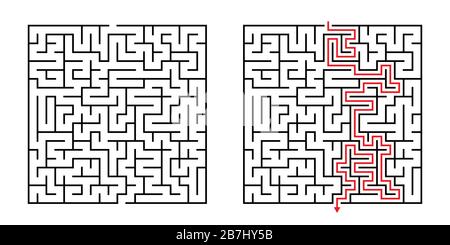 Vector Square Labyrinth mit der im Lieferumfang enthaltenen Lösung in Schwarz und Rot. Lustige Lernspiele für Koordination, Problemlösung, Entscheidungsfindung Stock Vektor