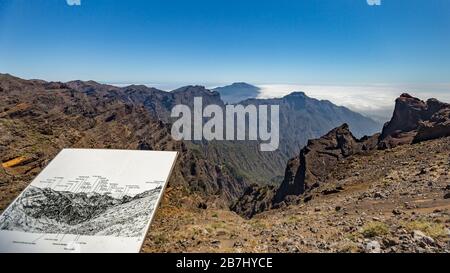 Luftaufnahme des Nationalparks Caldera de Taburiente, Vulkankrater vom Berggipfel des Aussichtspunkts Mirador de Los Andenes aus gesehen. El Hierro auf Hori Stockfoto