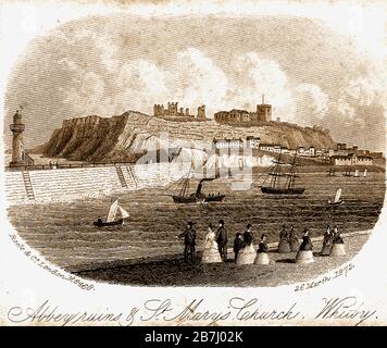 Ein historischer Druck (Dienstag, 26. März 1872) von Whitby Harbour (North Yorkshire UK), der den East Pier und Leuchtturm, Spa-Leitern, Haggerlythe, die Abbey Ruins, die St Mary's Parish Church und die Henrietta Street zeigt. Meine Damen und Herren in ihrer besten Kleidung und ihren hohlen Röcken beobachten Segelboote, einen Dampfer und eine kleine Yacht. Stockfoto