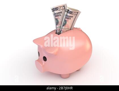 Eine rosafarbene Schweinebank mit einem aufgerollten Paar von US-Dollar-Banknoten, die auf einem isolierten weißen Studiohintergrund eingefügt wurden - 3D-Rendering Stockfoto