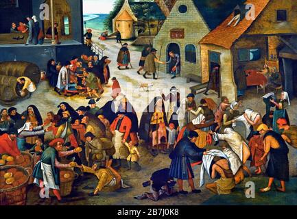 Sieben Werke der Barmherzigkeit 1616 Pieter Brueghel der Jüngere 1564-1637, die Familie Brueghel ( Bruegel oder Breughel ), flämische Maler 16.-17. Jahrhundert, Belgier, Belgien. Stockfoto