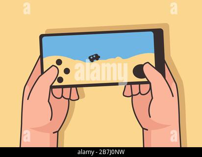 Einfache, niedliche Illustration von zweihändigen Spielen von Handyspielen auf dem Smartphone Stock Vektor