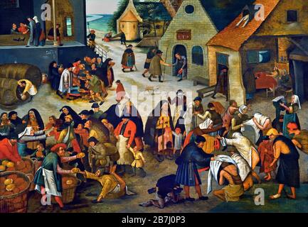 Sieben Werke der Barmherzigkeit 1616 Pieter Brueghel der Jüngere 1564-1637, die Familie Brueghel ( Bruegel oder Breughel ), flämische Maler 16.-17. Jahrhundert, Belgier, Belgien. Stockfoto