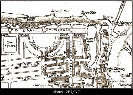 Eine Karte/ein Plan aus dem Jahr 1874 des West Cliff Areals von Whitby, North Yorkshire, England in viktorianischer Zeit, die eine Umrisse von Gebäuden zeigt, einige noch zu vollenden. Stockfoto