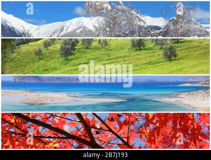 Vier Jahreszeiten Banner-Collage - Winter, Frühling, Sommer und Herbst Konzept. Stockfoto