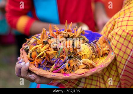 Helle organische Farben und Blumen in einer Tonplatte für das indische Holi Festival. Farbenfroher Schluck (Pulverfarben) für Happy Holi. (Selektiver Fokus) Stockfoto