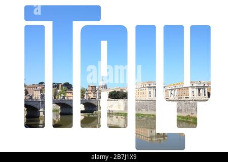 Italien - Länderzeichen mit Foto in Rom im Hintergrund. Isoliert auf weiß. Stockfoto