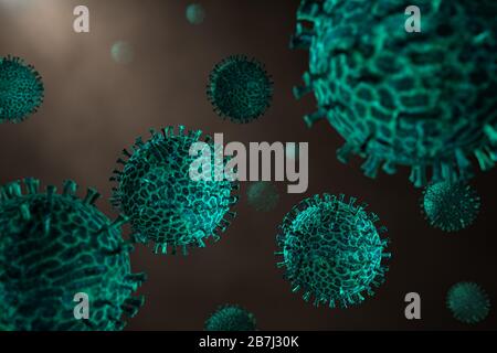 Computer modellierte detaillierte medizinische Illustration des neuartigen Coronavirus 2019-nCoV Covid-19. Konzept Zum Schutz Vor Virus-Pandemie. Mikrobiologie Nahaufnahme von Scen Stockfoto