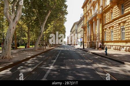 Zrinjevac-Platz schöne grüne Baumgrenze über Straße und Straßenbahn Stockfoto