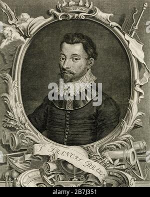 Sir Francis Drake (1540–1596), Kapitän und Weltumsehrer. Detail des Kupferstichs, veröffentlicht um 1746, vom niederländischen Kupferstecher Jacobus Houbraken (1798–1780). 1588 besiegte Drake als Vizeadmiral der englischen Flotte die spanische Armada und vereitelte eine Invasion Englands durch König Philipp II. Von Spanien. Diese Gravur enthält Details zu Drakes Leben, einschließlich einer Seeschlacht, einem Dreizack, einem Schiffsmast, einer Kanone, einem Anker und... über dem Porträt, eine Krone, verziert mit den sternchen von Segelschiffen. Stockfoto