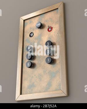 Ein altes Retro-Aufzugsbedienfeld mit sechs Etagen aus Messing und Holz mit analogen Knöpfen - 3D-Rendering Stockfoto