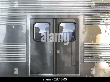 U-Bahn-Wagen nah oben mit Türen und Personensilhouetten innen. Seitenansicht. Stockfoto