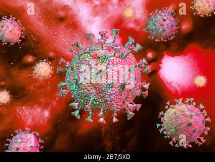 Corona-Virenszene mit detaillierter Struktur. Auf rotem Hintergrund. 3D-Rendering. Stockfoto