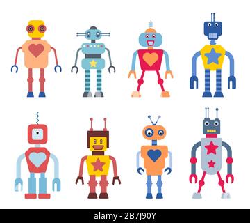 Roboter-Vektoren-Kollektion - niedliche Retro-Roboter mit Sternen und Herzsymbolen. Stock Vektor
