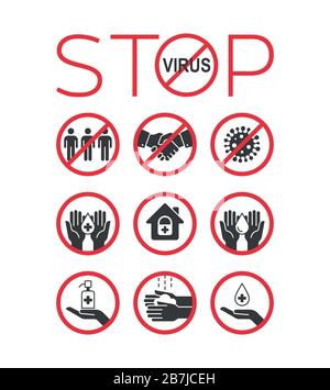 Set mit Symbol zum Stoppen des Virus. Heilmittel und Prävention. Beenden Sie Coronavirus. Pandemic Medical Concept. Vektorgrafiken. Stock Vektor