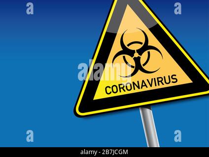 Abbildung des Informationszeichens mit Coronavirus, typised und Biohazard Symbol auf blauem Hintergrund Stockfoto