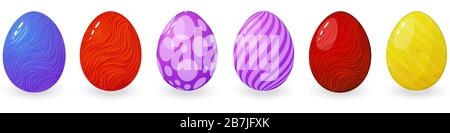 Vektorgrafiken aus bunten ostereiern in verschiedenen Farben im Cartoon-Stil mit Mustern. Ernte für Designer, realistische farbige Eier mit Stock Vektor