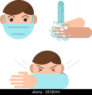 Tipps Zur Vorsorge Für Coronavirus. 2019-nCoV, Covid-19. Abstrakte infographische Symptome und Tipps zur Prävention, Gesundheit und Medizin. Flache Umrisse von Menschen mit Witz Stock Vektor