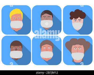 Mann in einer medizinischen Maske im flachen Stil mit langem Schatten. Symbolsatz. World Pandemic COVID-19. Coronavirus 2019-nCoV, Atemsyndrom im mittleren Osten. Stock Vektor