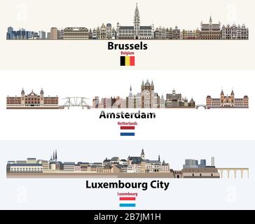 Skylines Illustrationen von Brüssel, Amsterdam, Luxemburg City. Flaggen der Benelux-Länder: Belgien, Niederlande, Luxemburg. Vektor Stock Vektor