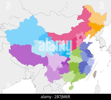 Vektor-Karte der Provinzen Chinas, die nach Regionen mit Nachbarländern und -Gebieten eingefärbt sind Stock Vektor