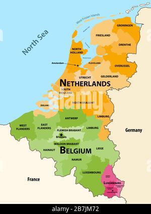 Vektorregionen Karte der Benelux-Länder: Belgien, Niederlande und Luxemburg mit Nachbarländern und -Gebieten Stock Vektor