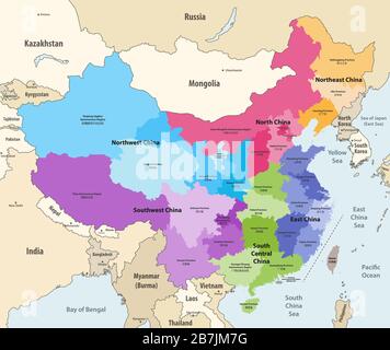 Vektorkarte der chinesischen Provinzen (chinesische Namen in Klammern), die nach Regionen mit Nachbarländern und -Gebieten eingefärbt ist Stock Vektor