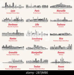 Französische Städte Skylines flach style isolierte Symbole in schwarz-weißer Farbpalette. Vektorgrafiken Stock Vektor