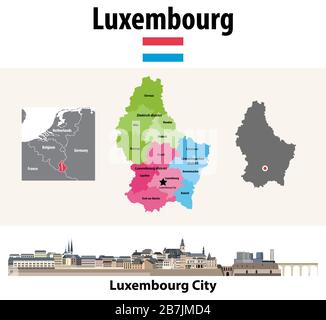 Karte der Regionen von Luxemourg mit Ablenkungen. Stadtbild der Stadt Luxemburg. Vektorgrafiken Stock Vektor