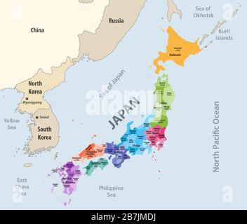 Japanische Präfektur (japanische Namen in Klammern) Vektorkarte farbige be-Regionen mit Nachbarländern und -Gebieten Stock Vektor