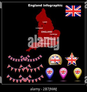 Helle Karte von England. Karte von England grafische Darstellung auf schwarzem Hintergrund. Abbildung mit Karte, Flagge, Schaltflächen und Navigations-Webschaltflächen festlegen. Stockfoto