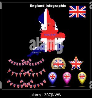 Helle Karte von England. Karte von England grafische Darstellung auf schwarzem Hintergrund. Abbildung mit Karte, Flagge, Schaltflächen und Navigations-Webschaltflächen festlegen. Stockfoto