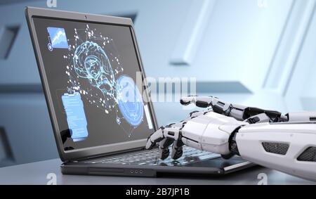 Robot Hände schreiben auf Tastatur. 3D-Darstellung Stockfoto