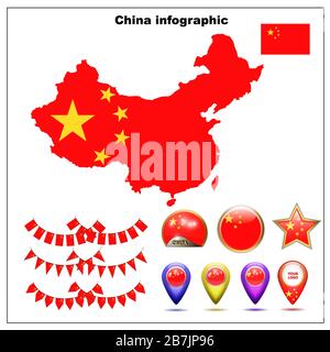 Karte von China: Grafische Darstellung der chinesischen Grafik auf weißem Hintergrund. Abbildung mit Karte, Flagge, Schaltflächen und Navigations-Webschaltflächen festlegen. Stockfoto