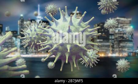 Covid-19-Virusausbruch, das gesundheitsbedrohende Coronavirus, das in Richtung einer Stadt zieht (3D-Wissenschaftsrendering) Stockfoto