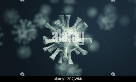 Gruppe von Viruszellen. Coronavirus Covid-19-Ausbruch, mikroskopische Viren schließen sich. 3D-Rendering Stockfoto